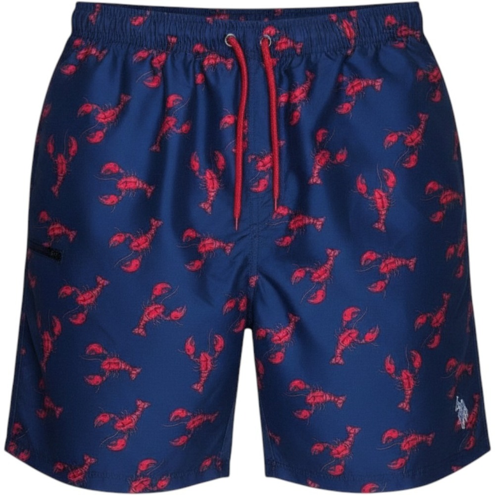 US Polo Assn Men's XXL Swim Trunks Navy Blue Red Lobster Print Board Shorts Mesh